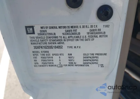 2003 GMC Yukon Xl 1500 Slt z USA, uszkodzony, nr VIN 3GKFK16Z93G184052